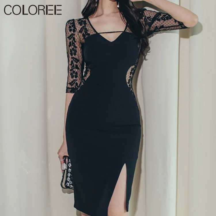 

Корейская мода, летняя одежда для женщин 2022, сексуальное черное кружевное лоскутное платье с V-образным вырезом, женское облегающее платье д...