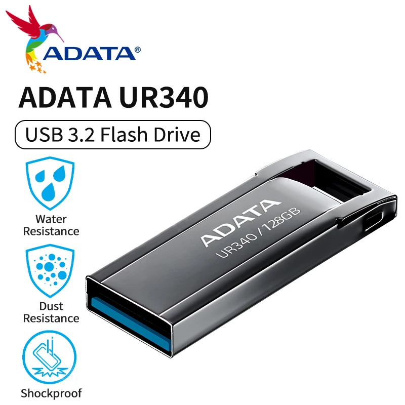Фото USB-накопитель ADATA UR340 USB 3.2 Gen 1, 32 ГБ, 64 ГБ, 128 ГБ, скорость чтения 100 МБ/с, высокоскоростная передача данных, металлический корпус, флеш-накопитель №3