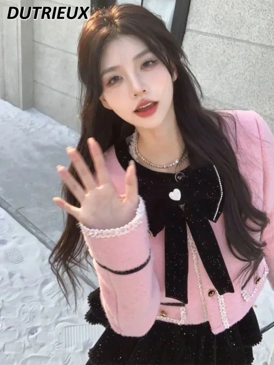 Оверсайз милое розовое шерстяное пальто во французском стиле с длинными