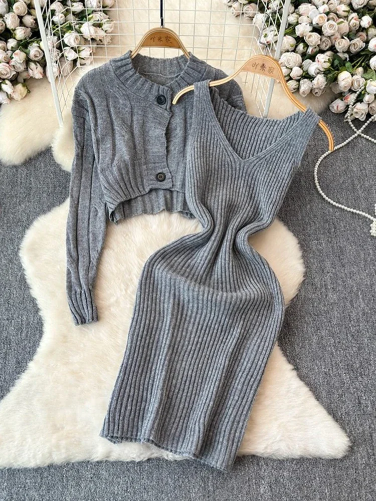 Элегантное вязаное платье женский комплект из 2 предметов шикарный укороченный