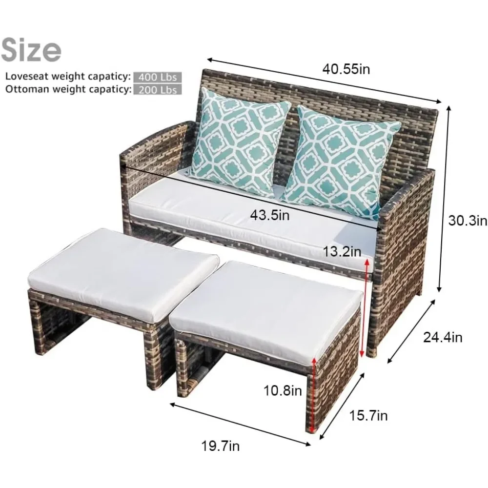 Уличная двухместная мебель для патио набор бесед из ротанга с пуфиком белыми