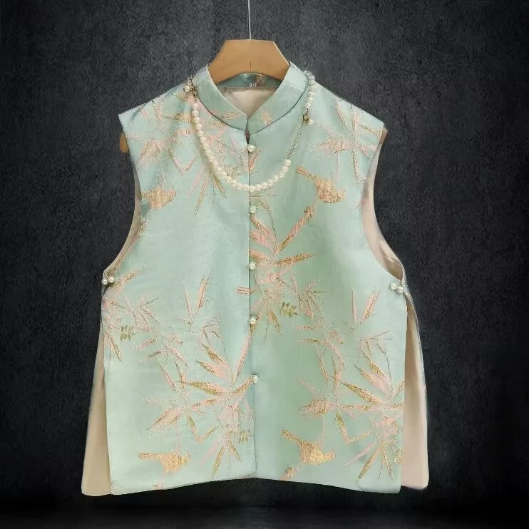 Retro Sleeveless Chinese Costume Design Sense Top Spring New National Sle Vest Women Jacquard Brocade