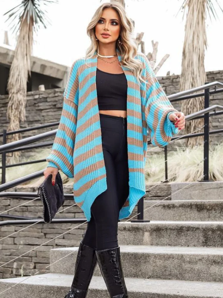 

Autumn Winter New Striped Knitted Cardigan Women Loose Contrast Sweater Jacket Holiday Casual Wear Cardigan Oversized Cardigan