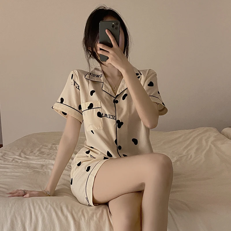 CAIYIER 2022 Summer Grid Print Women Sleepwear Korean Women Short Sleeve Shorts Leisure Nightwear Soft Luxury Female Underwear