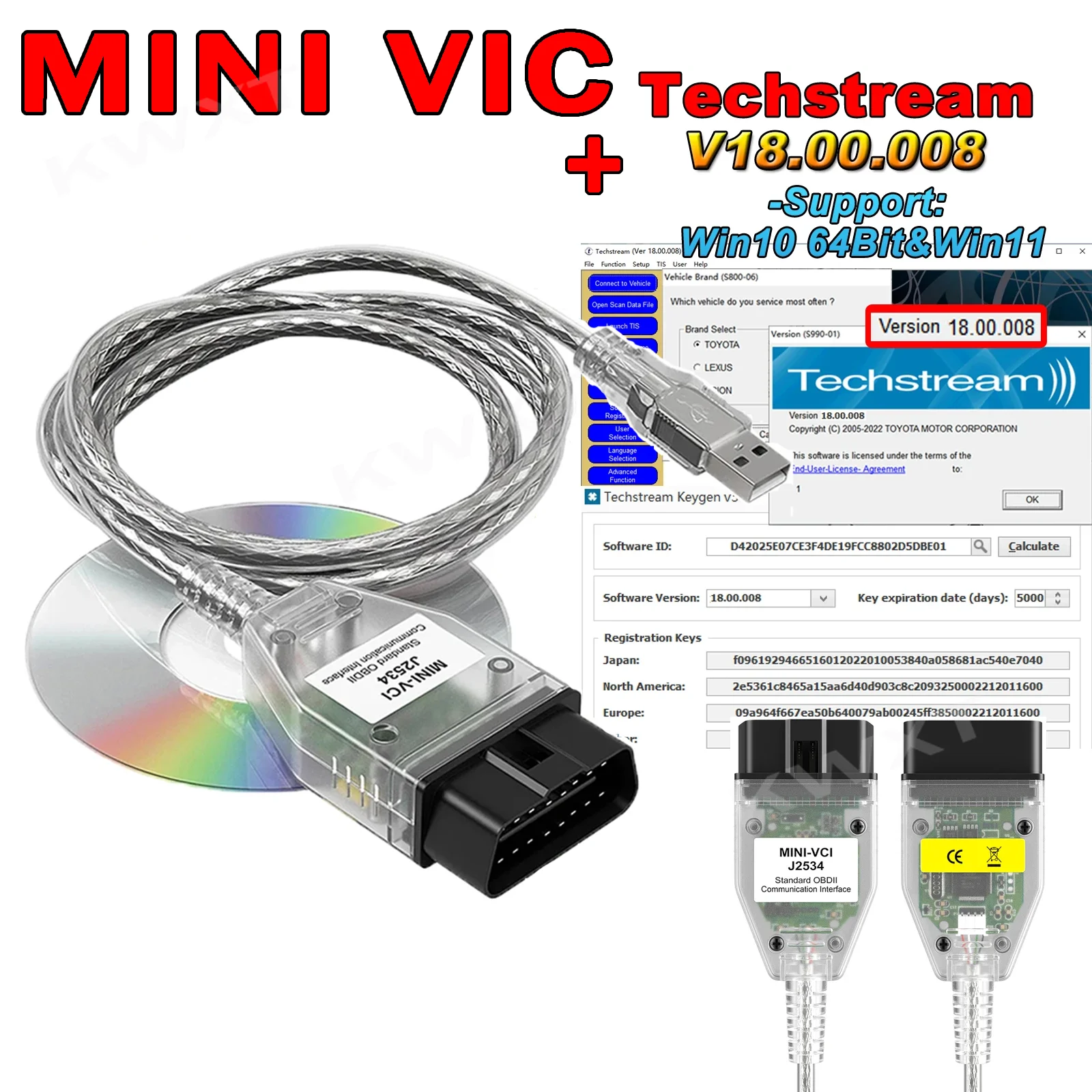Диагностический кабель Mini Vci для Toyota TIS Techstream V18.00.008 FTDI FT232RL OBD2 Toyota/Lexus 2023