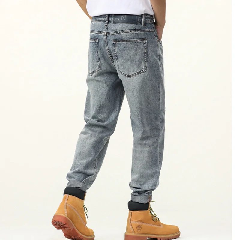 Men Clothing New Pattern Broken Patch Recreational Vintage Blue Jeans Straight Cylinder Large Loose Haren Pants Autumn Female