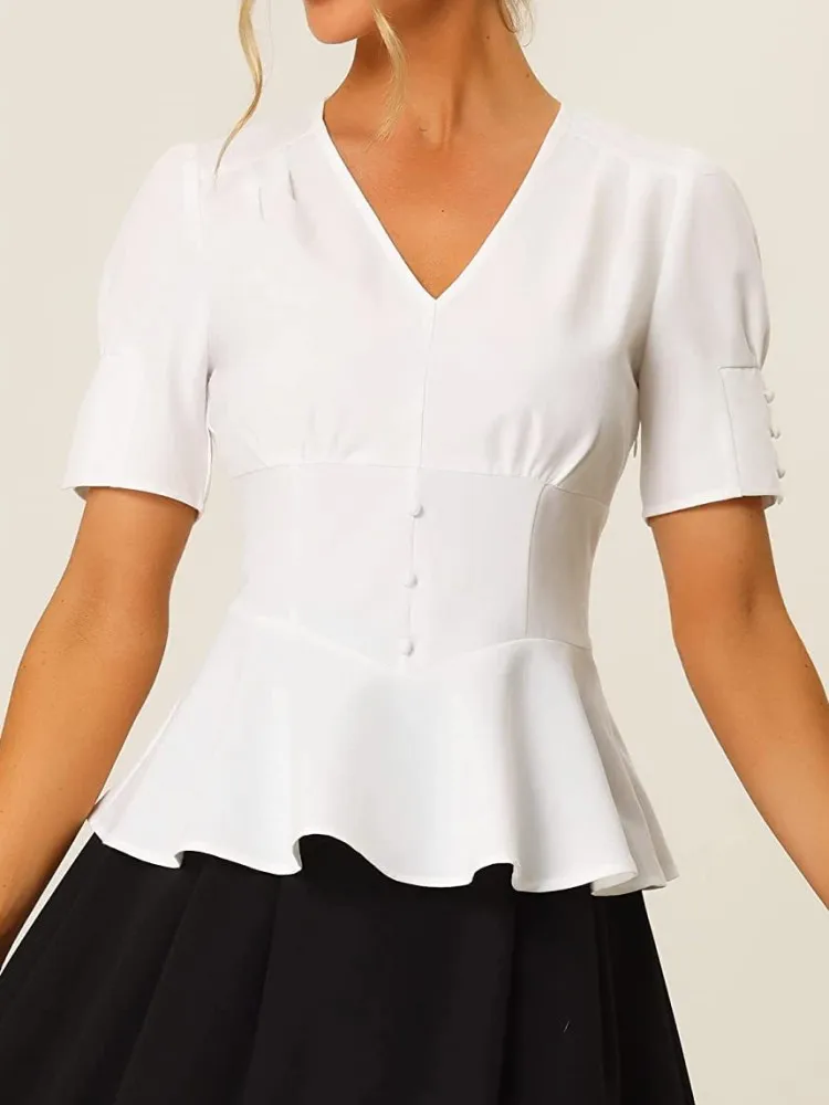 

Women's Blouse Summer Shirts New Sale Slim Corset Waist Ruffle Hem White Black Tops Special Back Adjustwaist Lace Up Blouses