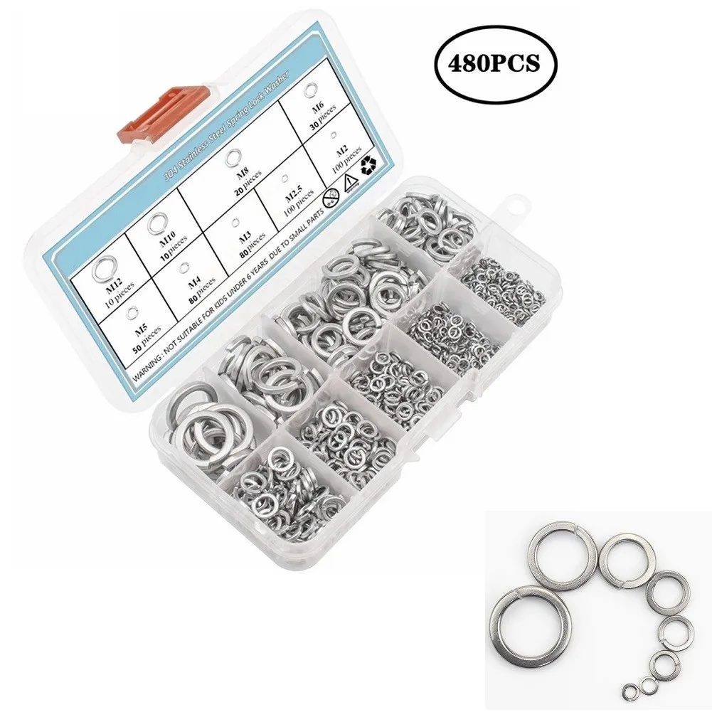 

480pcs 304 Stainless Steel Spring Lock Washer Assortment Set 9 Sizes - M2 M2.5 M3 M4 M5 M6 M8 M10 M12 External Retaining Ring