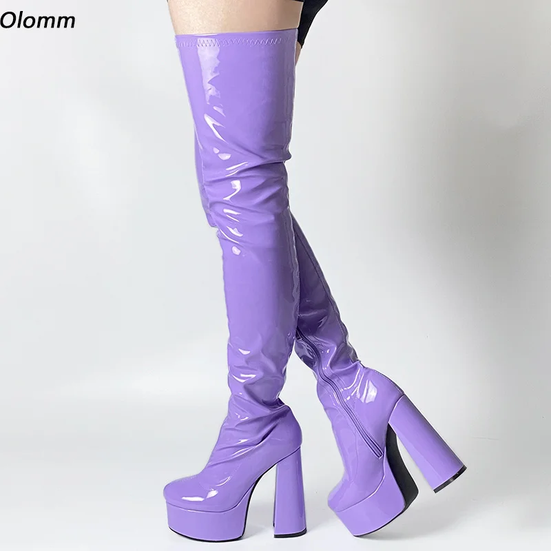

Olomm New Arrival Women Platform Thigh Boots Hoof Heels Round Toe Gorgeous Violet Pink Black Party Shoes Women Plus US Size 5-15