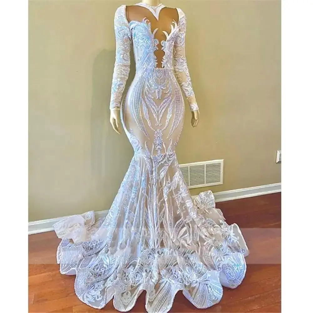 

Sparkly Long Sleeve Cut-out High Neck Evening Dresses Sexy Mermaid African aso ebi Sequined Black Girls Prom Dress Gala Gowns