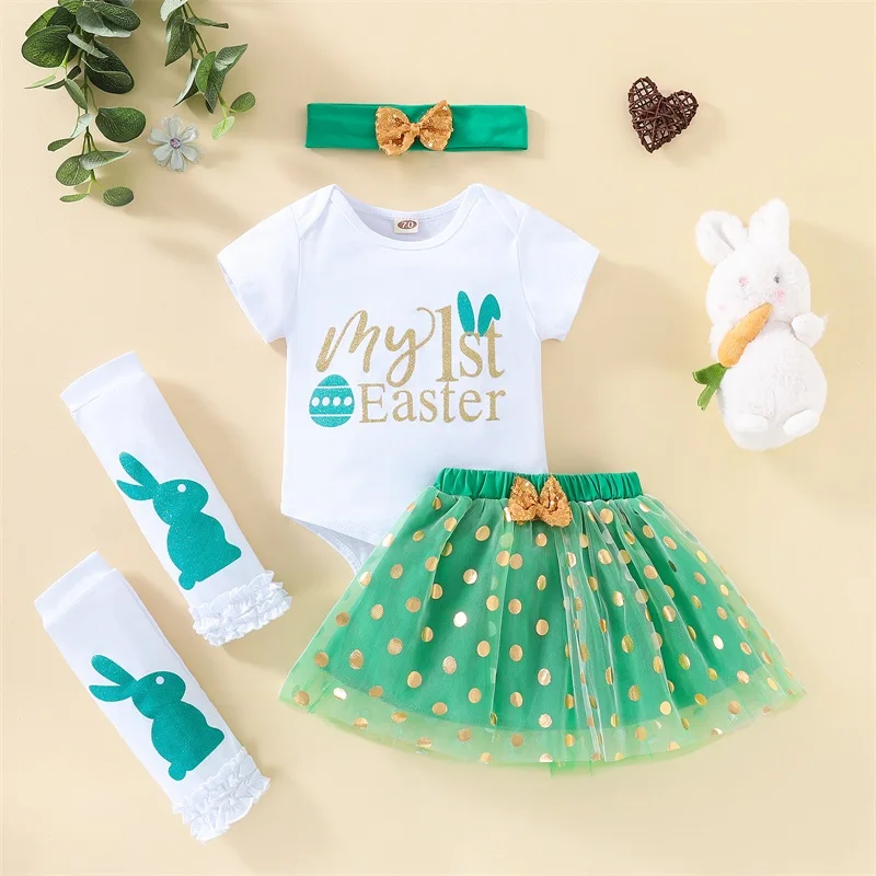 

Пасхальный наряд для маленьких девочек, комбинезон с коротким рукавом и надписью «My First», Тюлевая юбка в горошек, повязка на голову, гетры, ко...