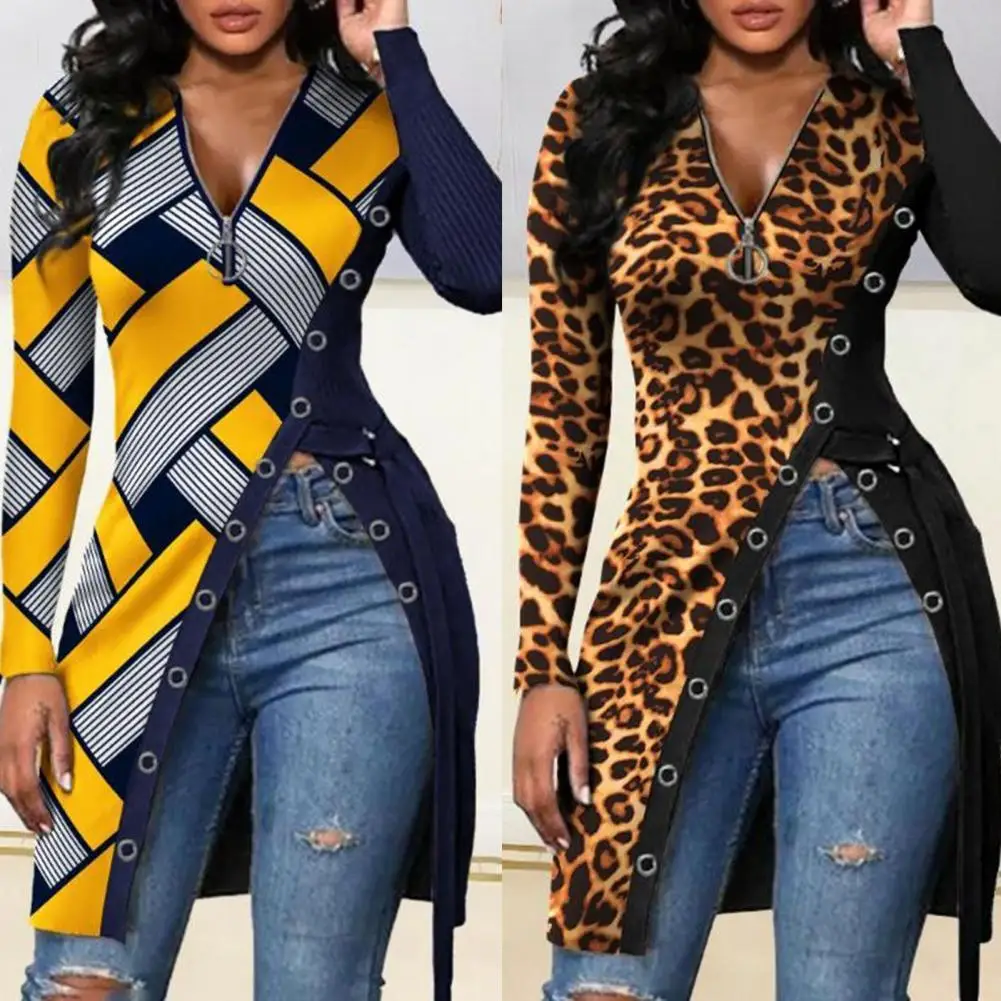 

Women Blouse Zipper V-Neck Tunic Top Fashionable Print Slim Blouse