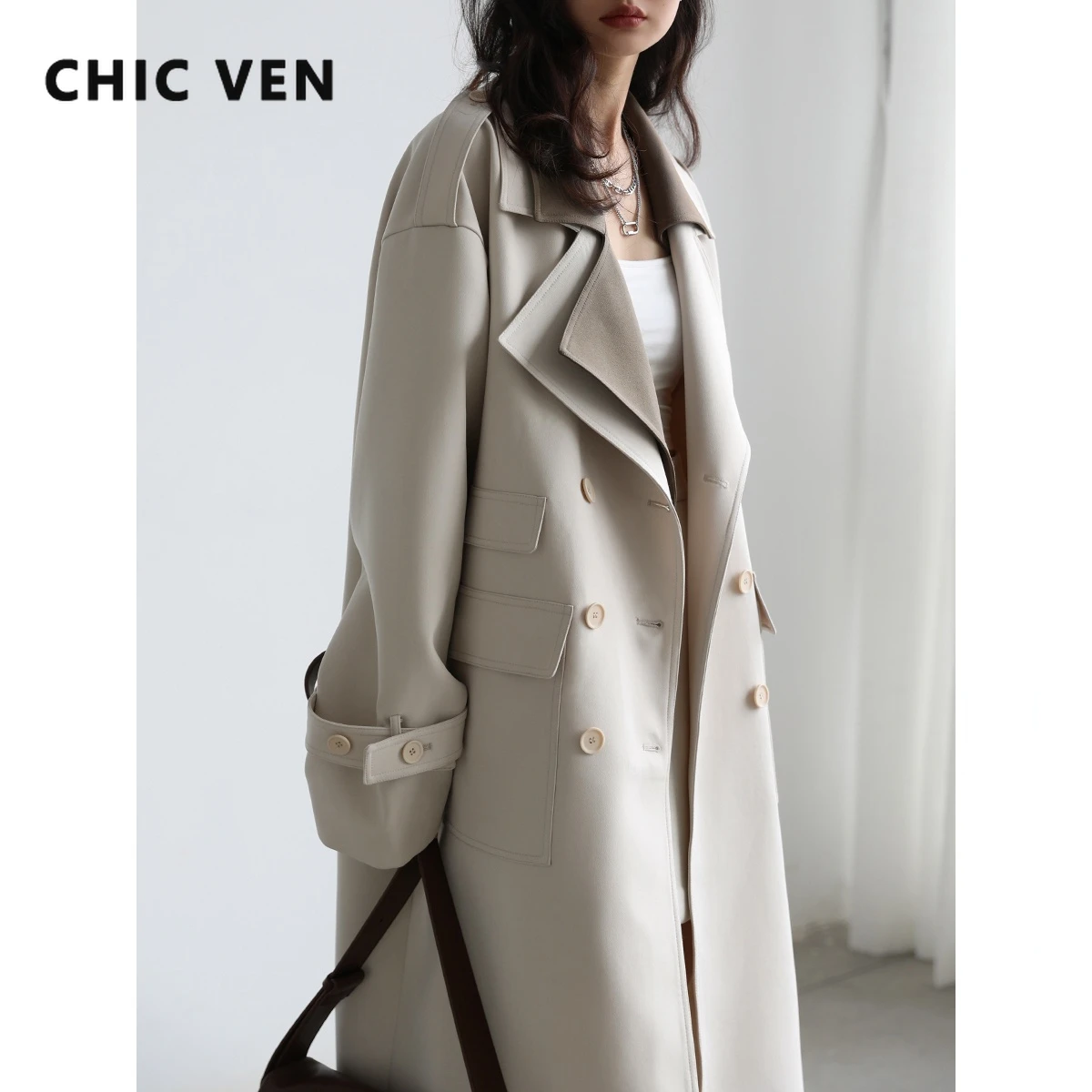 

CHIC VEN Women Trench Solid Loose Contrast Double Collar Double Breasted Long Women's Windbreaker Coat Office Lady Spring 2022