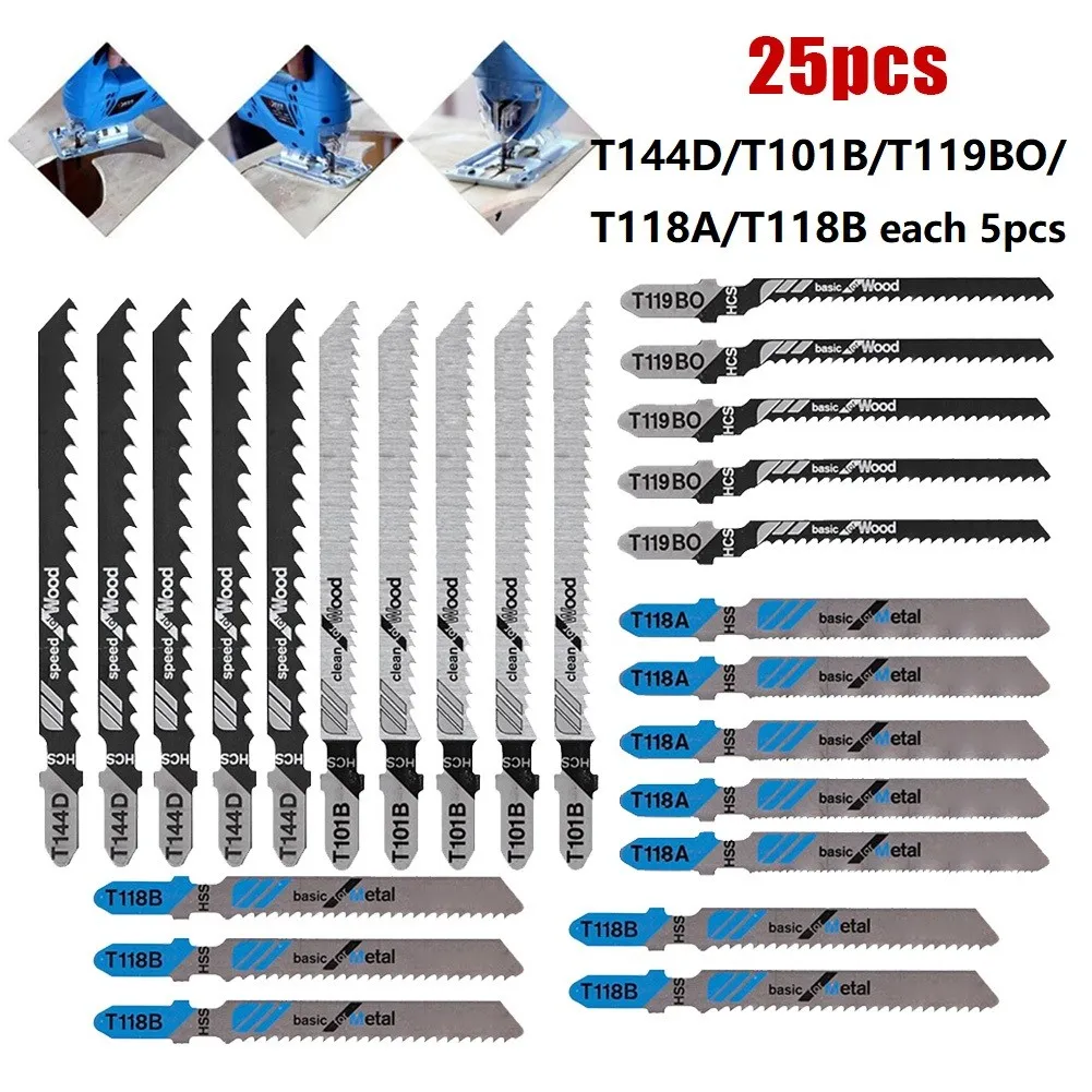 

25Pcs Jig Saw Blade Jigsaw Blades Set Metal Wood Assorted Blades Woodworking T144D/T244D/T118A/T111C