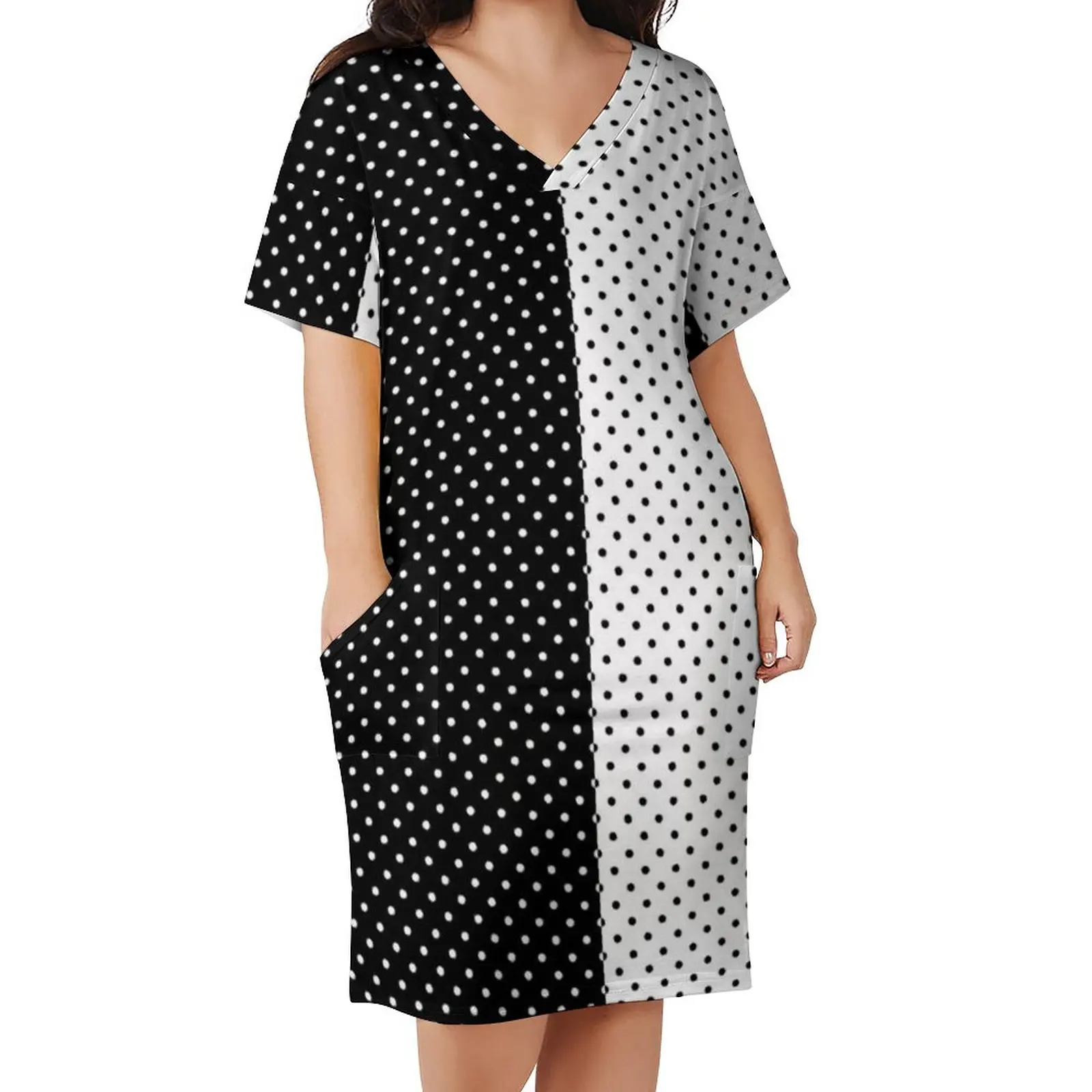 

Polka Dot Black White Casual Dress Summer Two Tone Vintage Pattern Cute Dresses Women V Neck Print Aesthetic Dress Plus Size 5XL