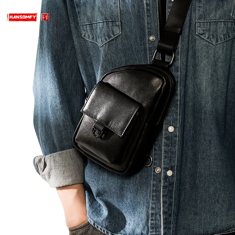 Leather Men's Chest Bag All-Match Fashion Crossbody Bag Casual Simple Single-Shoulder Bag First Layer Cowhide Small Phone Bag