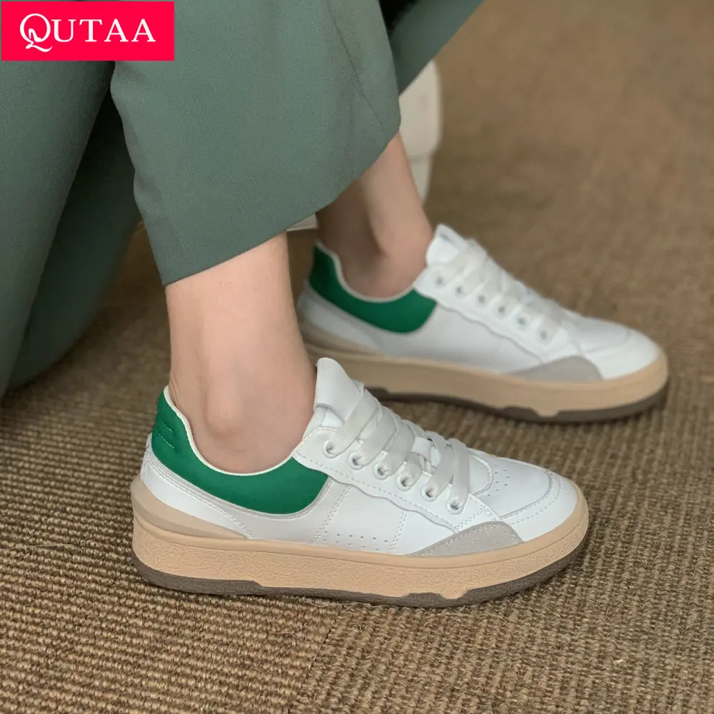 

QUTAA 2022 Winter Autumn Round Toe Flat Heel Casual Female Shoes Mixed Color Genuine Leather Lace Up Women Sneakers Size 35-40