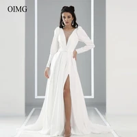 oimg 2022 simple satin a line wedding dresses long sleeves buttons scoop neck slit vintage bridal gowns women white formal dress