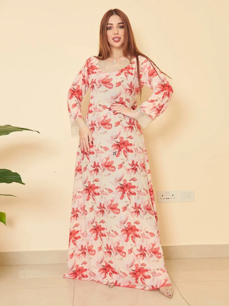 Long Dresses for Women Elegant Ethnic Rhinestone Stretch Mesh Patchwork O Neck Full Sleeve Print Dubai Arab Muslim Robe