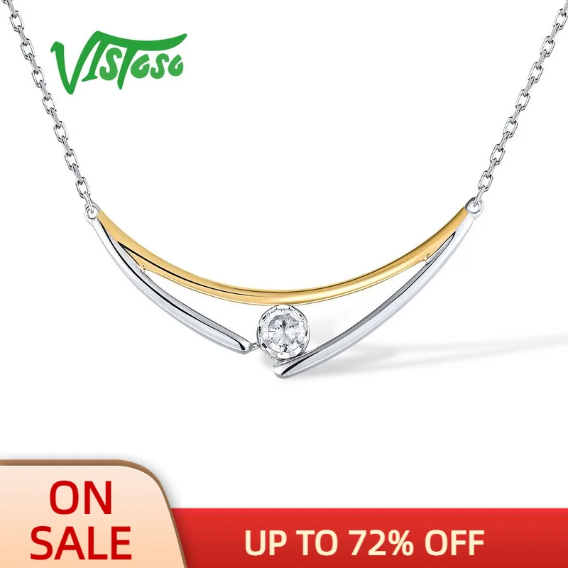 

VISTOSO Genuine 9K 375 Two-Tone Gold Necklace For Women Sparkling White Cubic Zirconia Elegant Wedding Anniversary Fine Jewelry