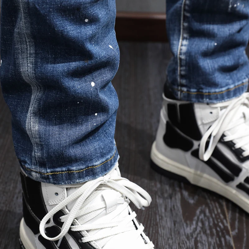 Fashion Designer Men Jeans Retro Blue Plain Washed Elastic Stretch Skinny Ripped Jeans Men Painted Hip Hop Denim Pants Hombre