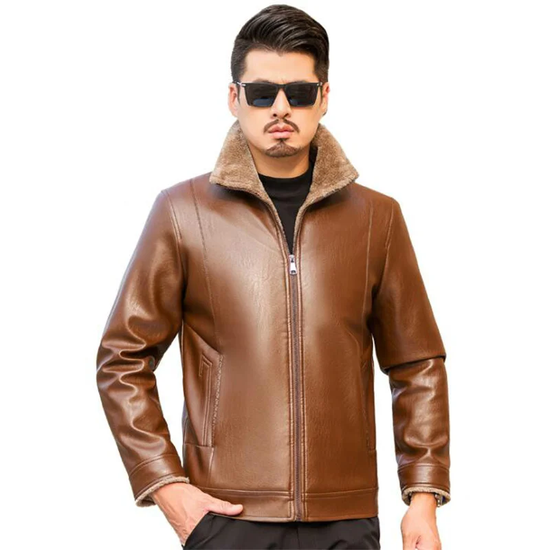 Plus velvet thicken motorcycle leather jacket men black brown mens leather jackets coats Factory direct sales b404