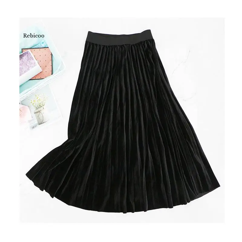 

Spring Women Long Metallic Silver Pleated Skirt Midi Skirt High Waist Elascity Casual Party Skirt