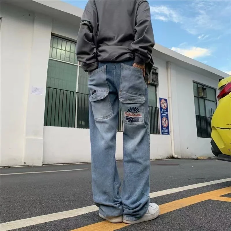 Streetwear Loose Men And Women Cargo Pants Straight Jeans Light Blue Hip Hop Straight Baggy Pants Simple Couple Denim Trousers