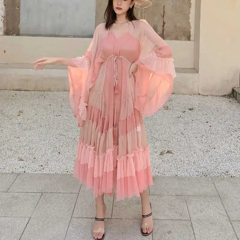

EOSWoman Dress Pink Cake With Lined Mesh Flare Sleeve Drawstring Waist Elegant Fashion Beach Style 2023 New Summer 15HT424