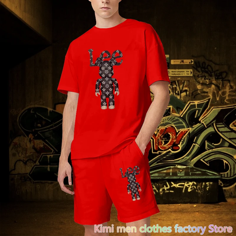 Cotton 2 pieces set Men Short Sleeve T-shirt Shorts Tracksuit Jogging suit Summer tshirt set Bear printing men Short Outfits set
