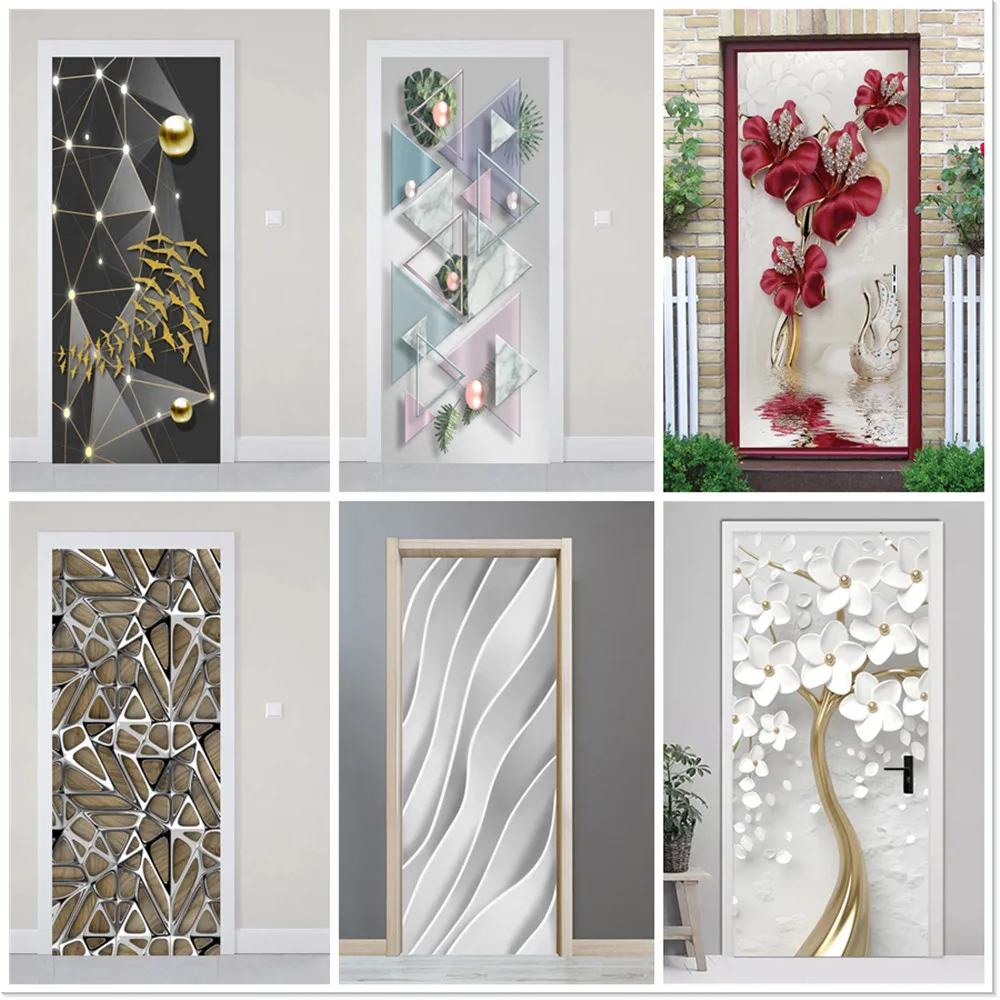 

Modern Door Sticker Self-Adhesive 3D Wallpaper Poster Vinyl Waterproof Removable Flower Murals Bedroom Stickers Home Decoration