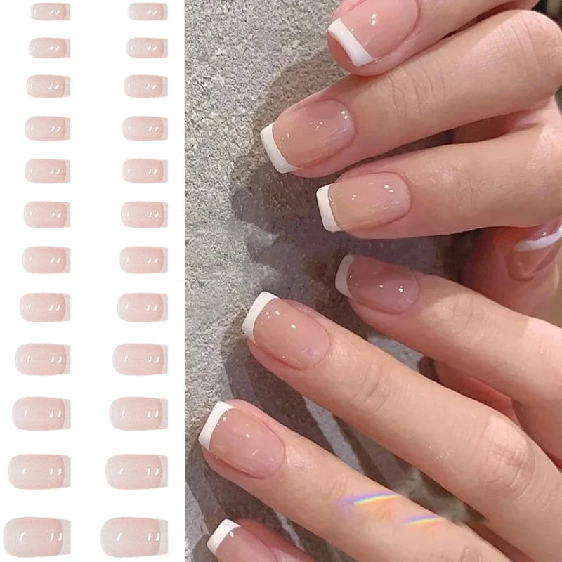 

24pcs Wearable Nude French Fake Nails Need Adhesive Glue Glitter Press on Nails Women Nail Art Stickers Full Finished False Nail