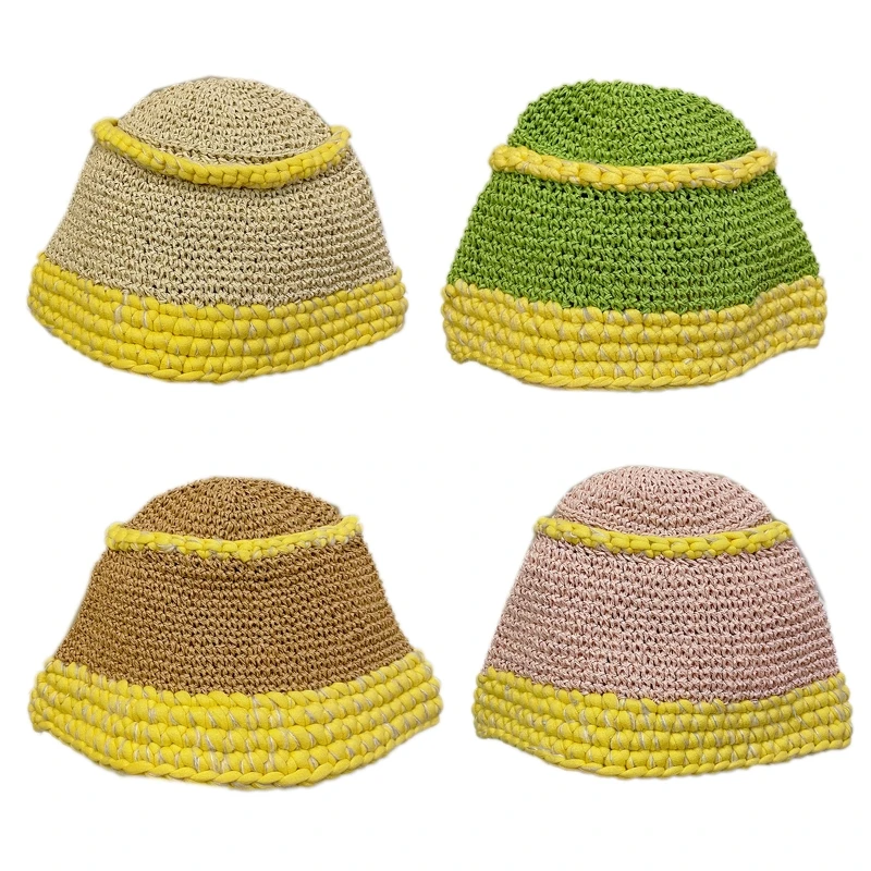 

28TF Crochet Color Matching Bucket Hat Multi-Color Breathable Wide Brim Bucket Hat Skin-friendly Sunproof Fisherman