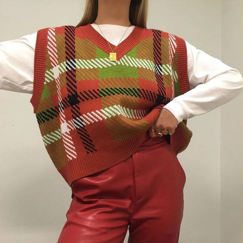

New Women Irregular Stripe Printing Sweater Vest V Neck Sleeveless Short Pullover Autumn Casual Vintage Plaid Knitted Sweater