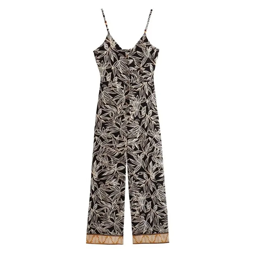

Женские прямые комбинезоны с принтом, винтажные повседневные Шикарные Длинные Комбинезоны на пуговицах с V-образным вырезом, Новинка лета ...
