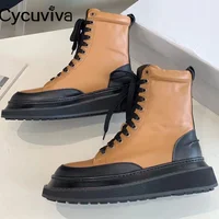 Genuine Leather Platform Short Ankle Boots For Women Thick Sole Black Flat Knight Boots Lace Up Round Toe Motorcycle Boots Mujer