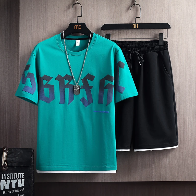 

2023 Summer New Mens Set Hip Hop Fashion Tracksuit T-shirt and Shorts Two Piece Set Harajuku Streetwear Casual Outfit Set