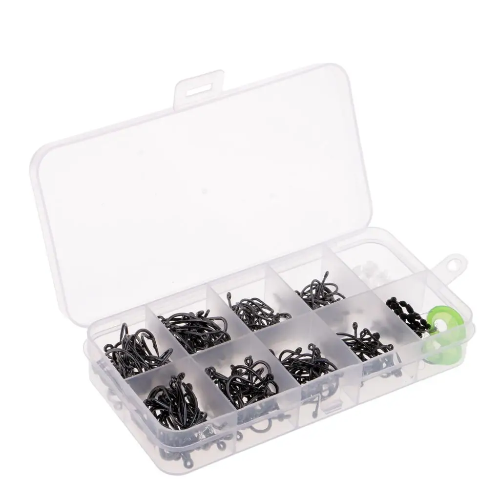 

200Pcs/box Sharp Barbless & Barbed Fishing Hooks 2# 4# 6# 8 Float Stoppers and Rig Beads