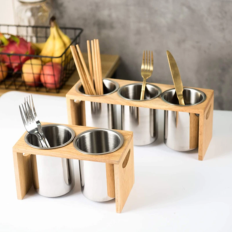

2/3 Cup Flatware Holder Stainless Steel Cutlery Basket with Wooden Base Stand for Fork Knife Spoon Chopsticks Kitchen Restaurant