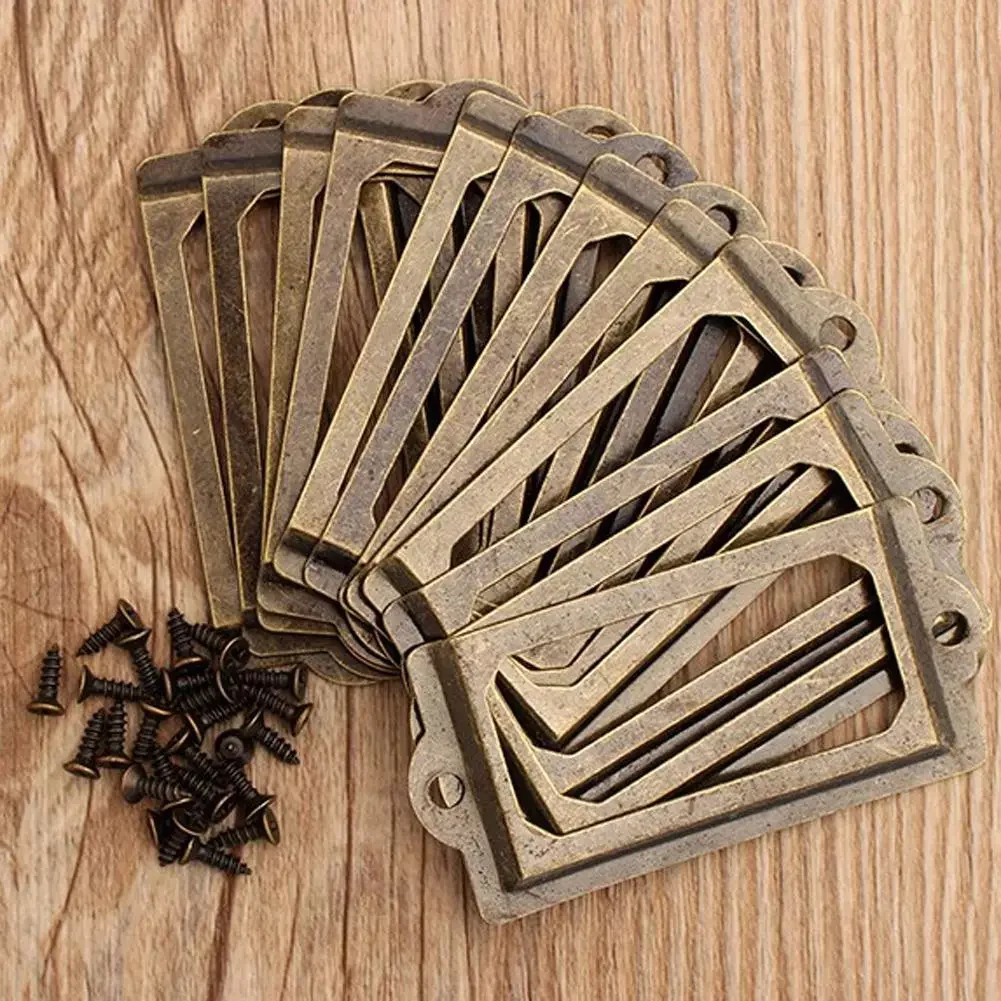 

12Pcs Antique Brass Metal Label Pull Frame Handle File Name Card Holder Furniture Hardware For Furniture Cabinet Drawer Box Case
