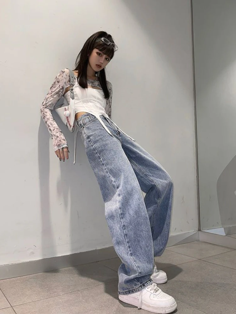 ADAgirl Ripped Jeans for Women Y2k Vintage Blue High Waist Patchwork Fashion Wide Leg Pants Streetwear Baggy Mujer Denim Bottoms