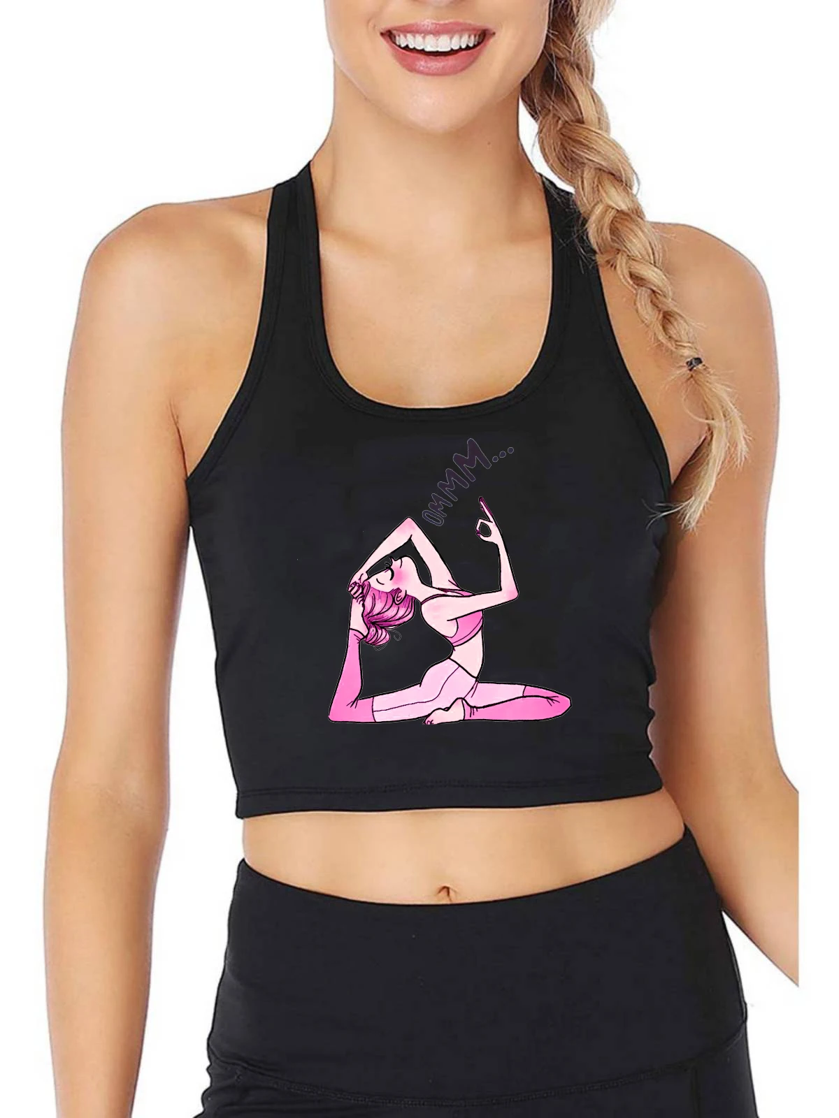

Сексуальный облегающий кроп-топ с графикой в позе йоги, спортивный хлопковый дышащий Топ для фитнеса и тренировок для девушек, уличная мода, милая майка