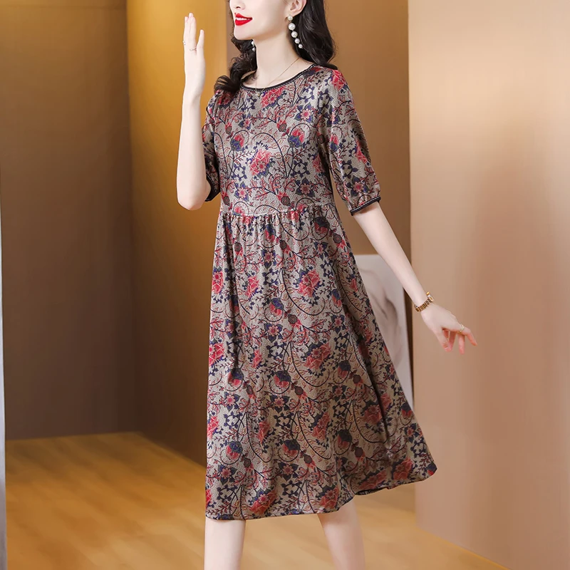 

2023 New Elegant Round-neck Silk Printed Dress For Women In Spring, Versatile, Loose Casual Beach Style Dress Vesido