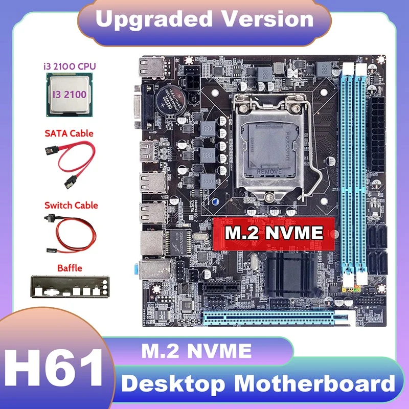

H61 Motherboard+I3 2100 CPU+SATA Cable+Switch Cable+Baffle LGA1155 M.2 NVME DDR3 For Office For PUBG CF LOL Motherboard
