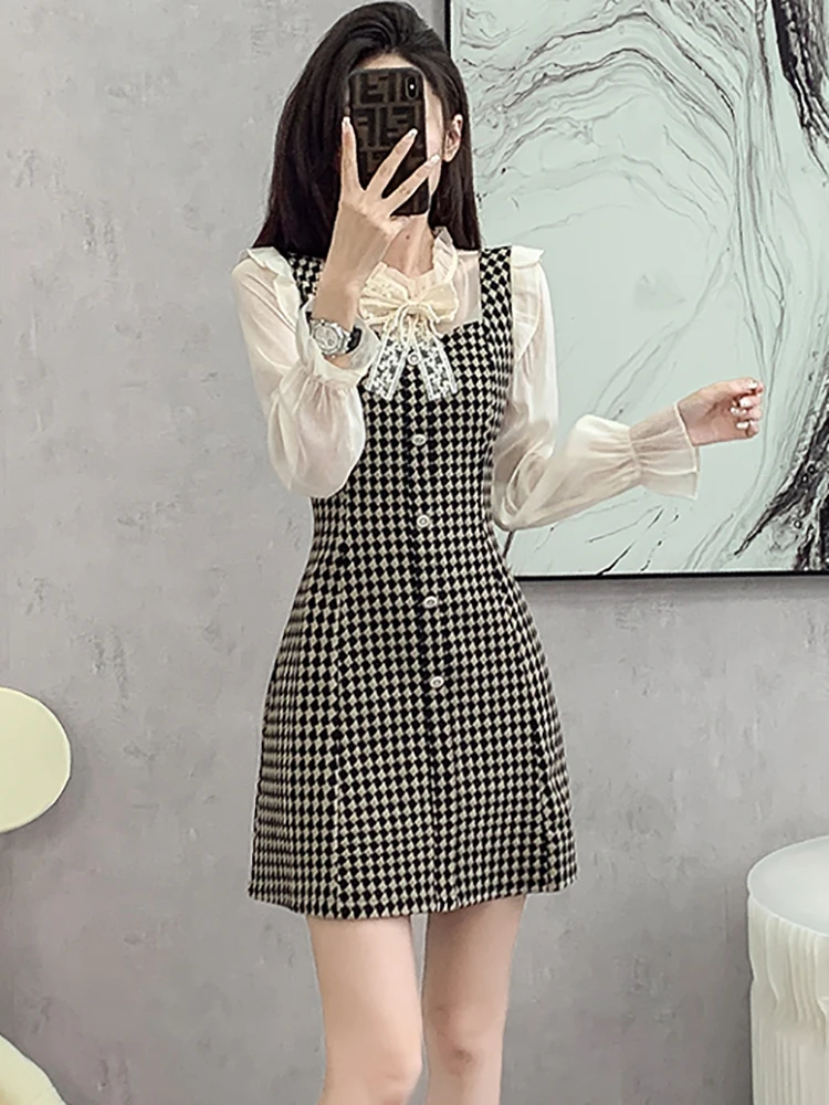 Женское клетчатое Сетчатое платье в стиле пэчворк с бисером и бантом на