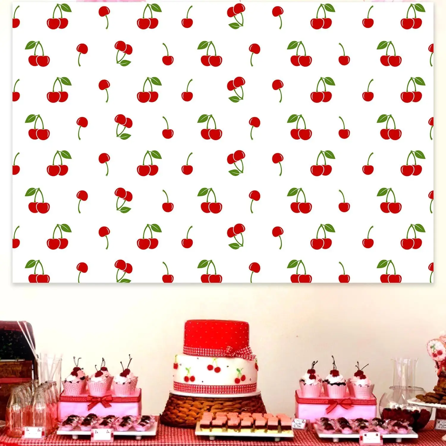 Фон для фотосъемки с изображением белых вишневых фруктов и мультяшных героев 5 х3