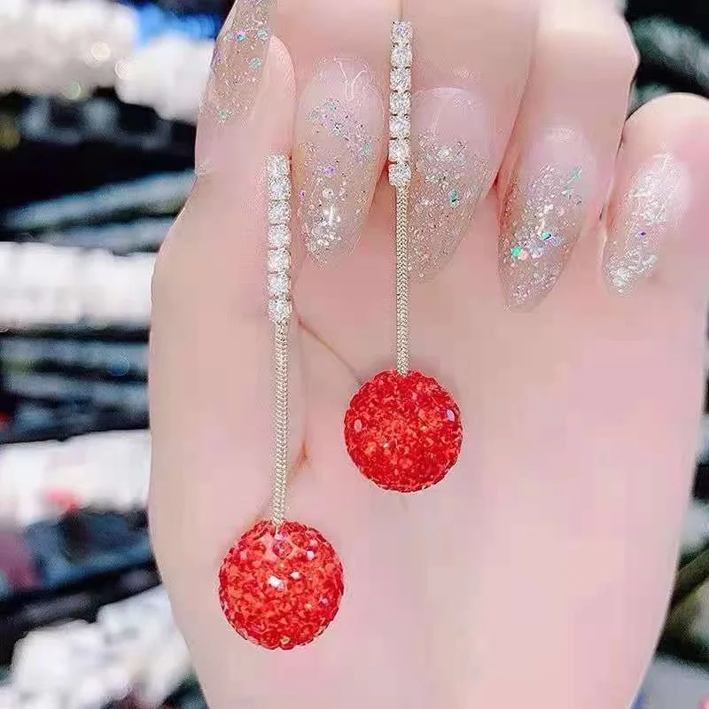 

2021 New Fashion Korean Ball Ball Women's Drop Earrings Bohemian Red and Black Round Wedding Earrings Jewelry Gift