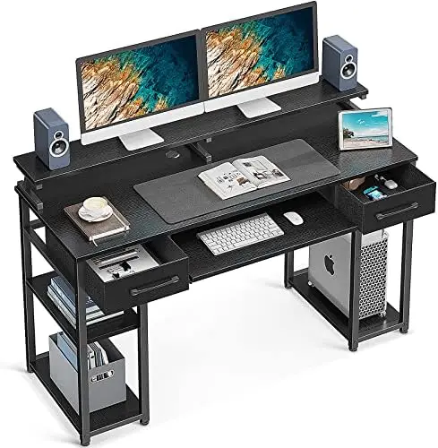 

Desk, 48'' Office Desk with Keyboard Tray, Writting Desk with Drawers and Monitor Stand, Study Table with CPU Stand and