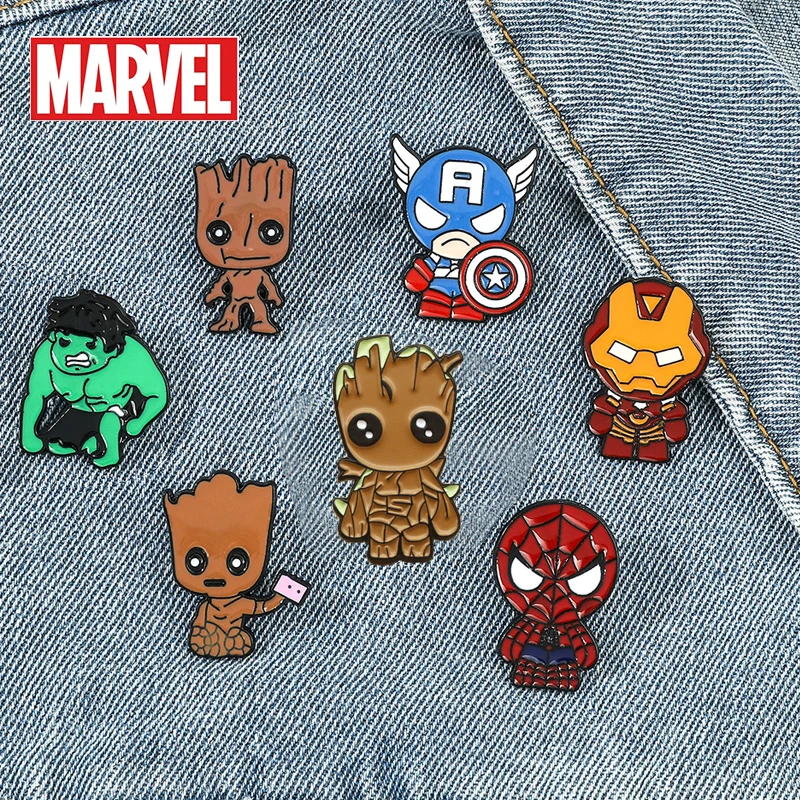 

Marvels Anime Figure Groot Spider-Man Hulk Badge Cute Cartoon Brooches Jewelry Gift Backpack Clothes Decoration Accessory