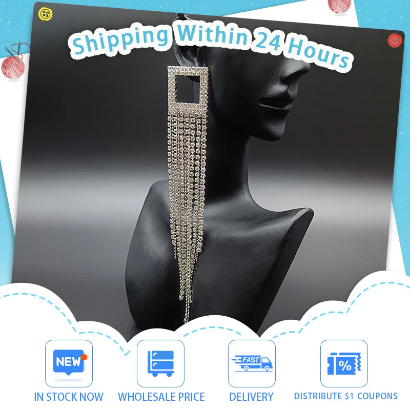 

JICAI Fashion Long Rhinestone Earings Tassel Silver Women Crystal Hanging Dangle Statement Earring Bridal Wedding Jewelry 2023